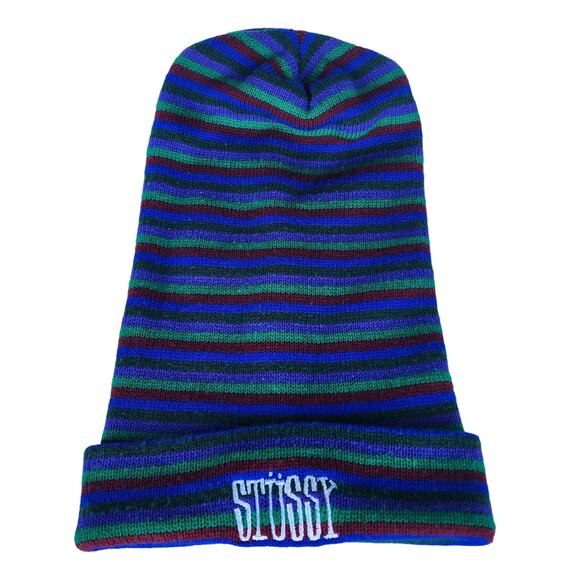 Stussy long border skater surfer beanie red blue green purple 15" Slouchy - Picture 10 of 10